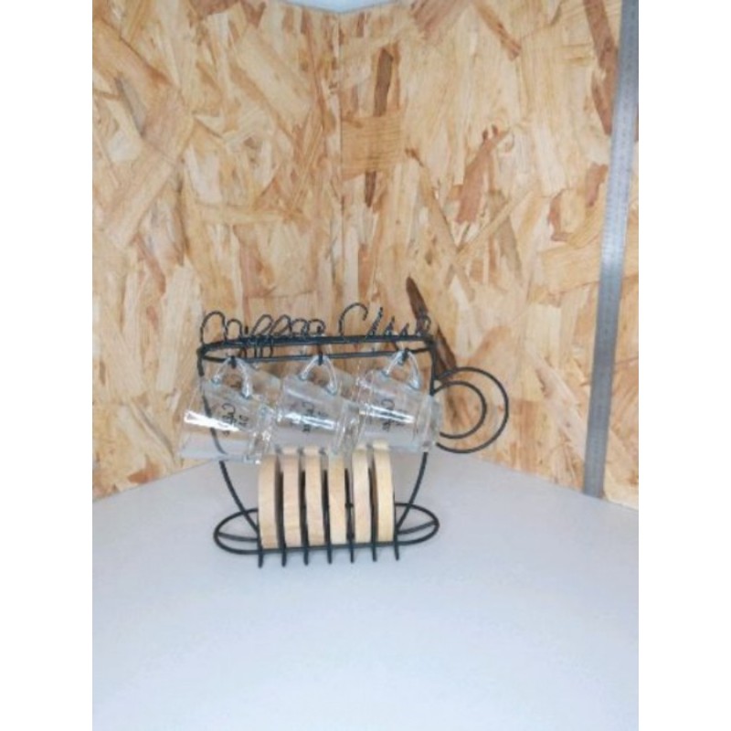 B: panier métal avec 6 tasses expresso et 6 ss-tasses bois "coffee club"